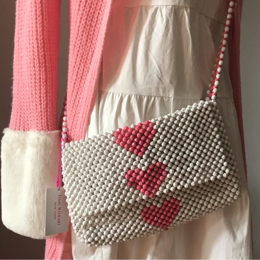 NWT Isaac Mizrahi Pink & White Heart Beaded Purse